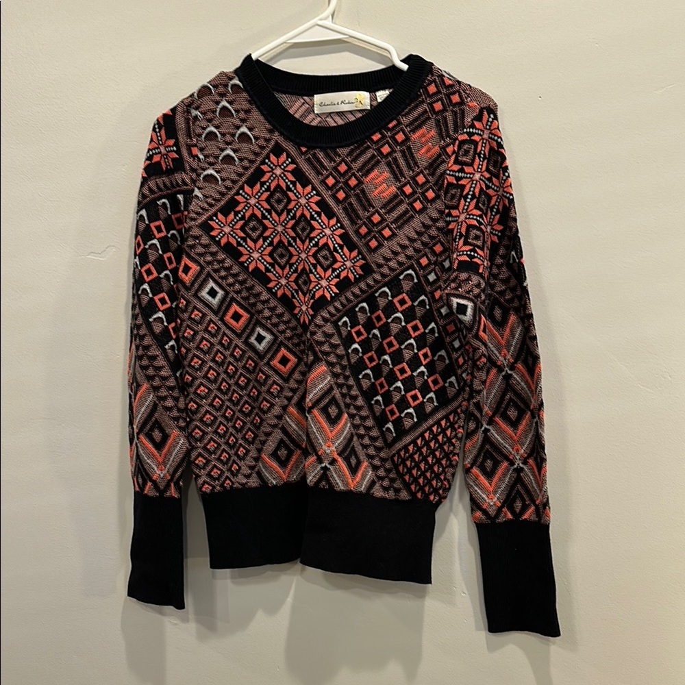 Anthropologie Charlie & Robin Geometric Crew Neck Sweater Black Red Large - Picture 2 of 13